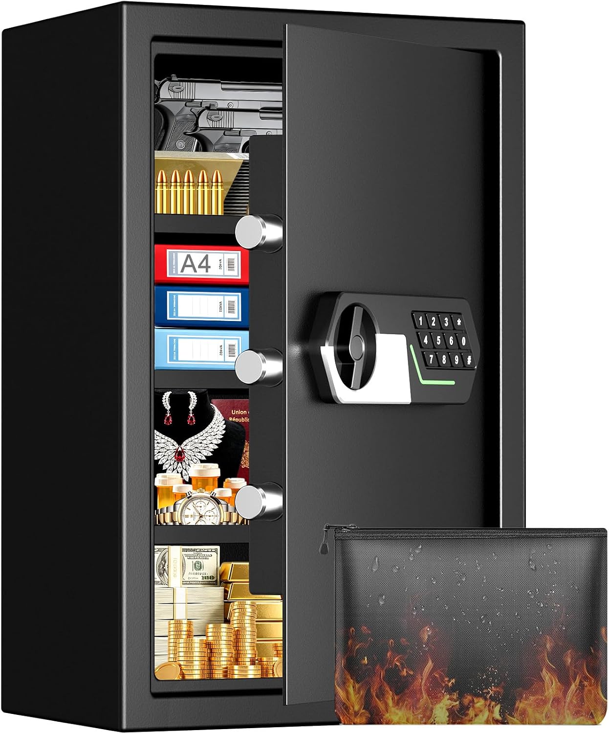 5.2 cu ft large home safe with fireproof waterproof bag, keypad, key, and three removable shelves